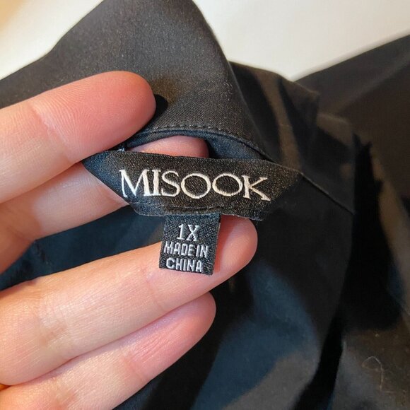 Misook Women 1X Tunic Blouse Minimalist Black 3/4 Sleeve Cutouts Button Up Top - Picture 4 of 10